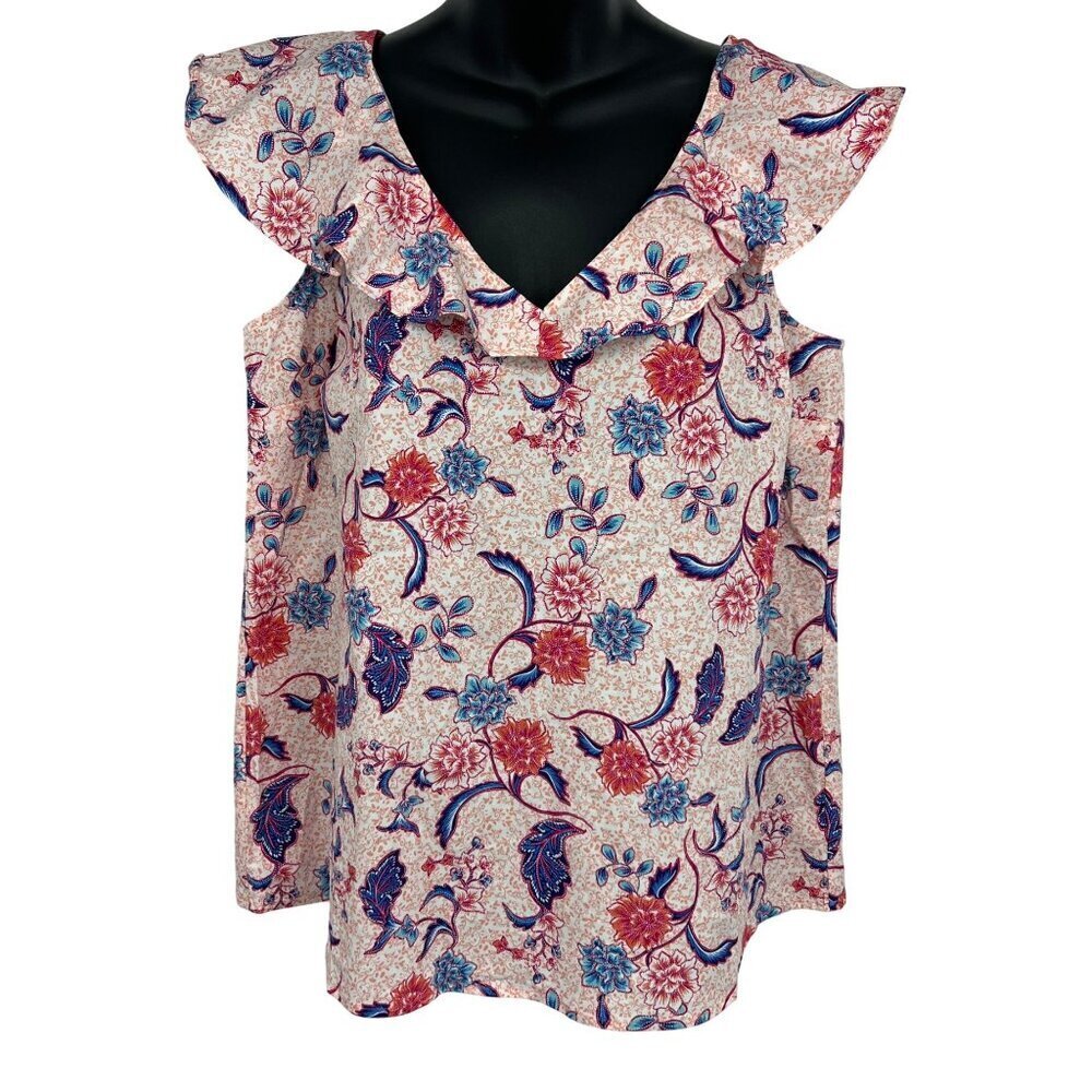 Halston Floral Ruffle V-Neck Sleeveless Top Batik Blossom Women Size Large L